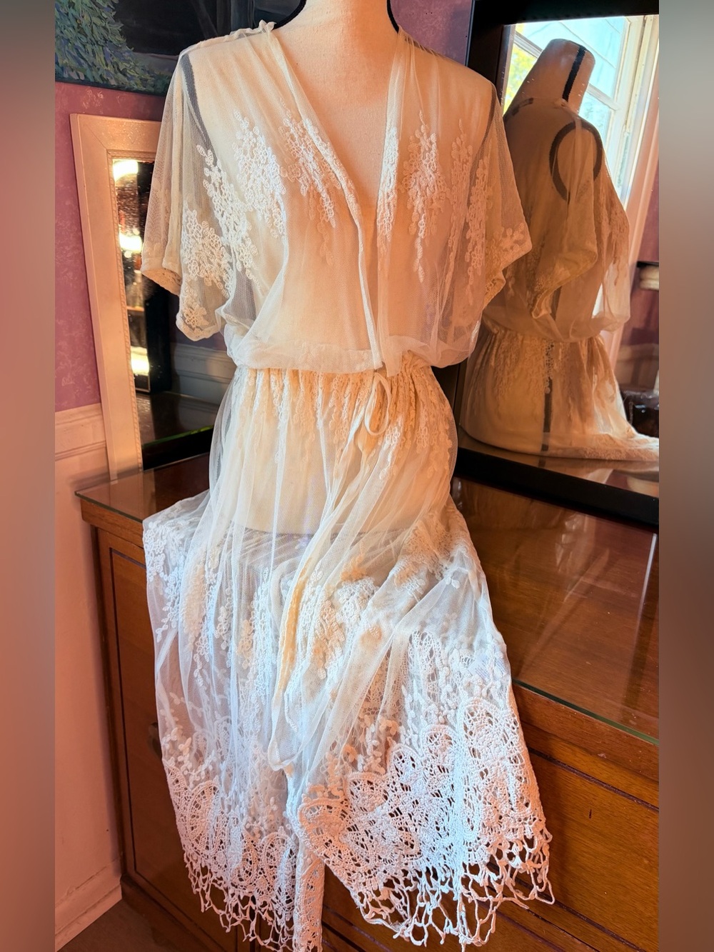 Alluring Beulah Lace embroidered Sheer Lace Duster Robe in Ivory - Picture 2 of 10